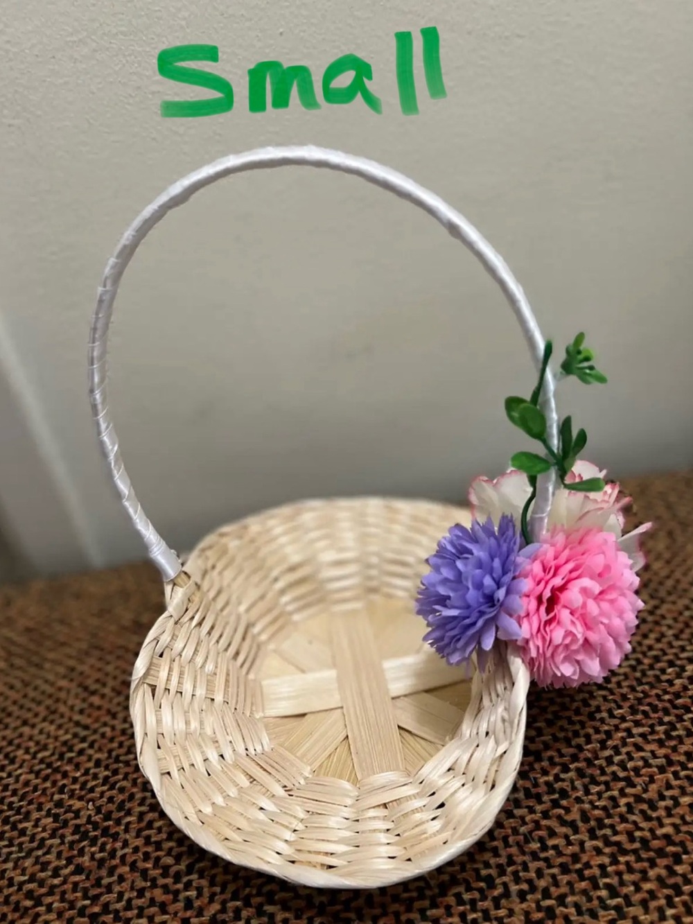 Small Natural Woven Basket with Pink & Purple Flowers